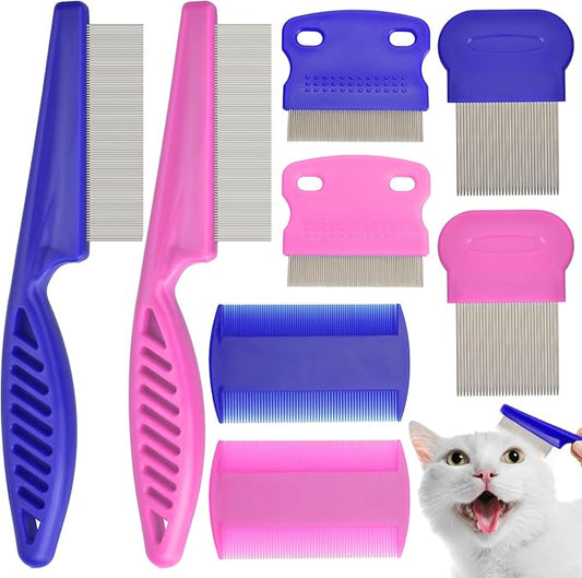 Flea Comb for Cats Dogs, 8 Pack Flea and Lice Grooming Comb Set for Cats, Pet Grooming Tools for Small, Medium & Large Pets (Pink & Blue)
