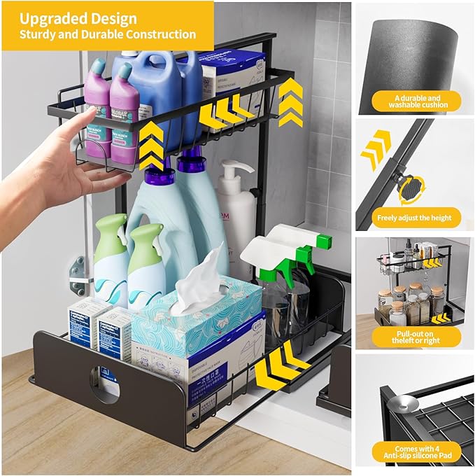 2 Pack Under Sink Organizers, Height Adjustable Under Sink Organizers And Storage, 2 Tier Pull Out Drawer Sturdy Metal Cabinet Organizer For Kitchen Bathroom Pantry