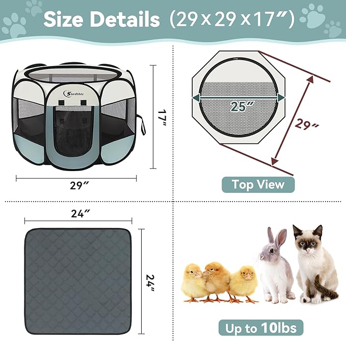 Dog Playpen with 2 Washable Pee Pad, Puppy Pet Cat Playpen Small AnimalsTent Crate Indoor/Outdoor, Portable Pop Up Kennel with Carrying Case(Grey with 2 Pads, Small (29" x 29" x 17"))