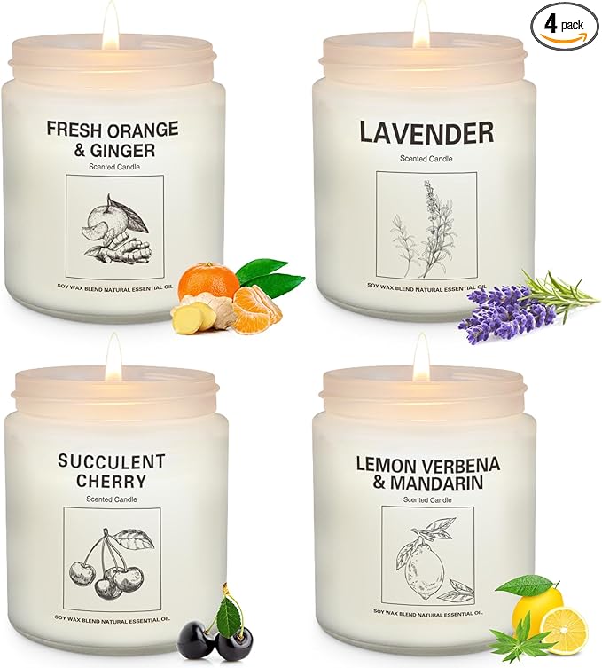 Soy Wax Scented Candle Gift Set, 4 Pack Lavender, Orange & Lemon Scents, Long Lasting Aromatherapy Candles for Home, Relaxing Gifts for Women, Perfect for Holiday, Thanksgiving & Christmas