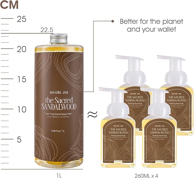 ROMIIE ZOI Foaming Hand Soap Refill Gift Set-3 Pack with Dispenser, Cruelty-Free and Biodegradable Formula, Moisturizing with Essential Oil for Sensitive Skin,Sandalwood Scent,(33.8 Fl Oz x 3)