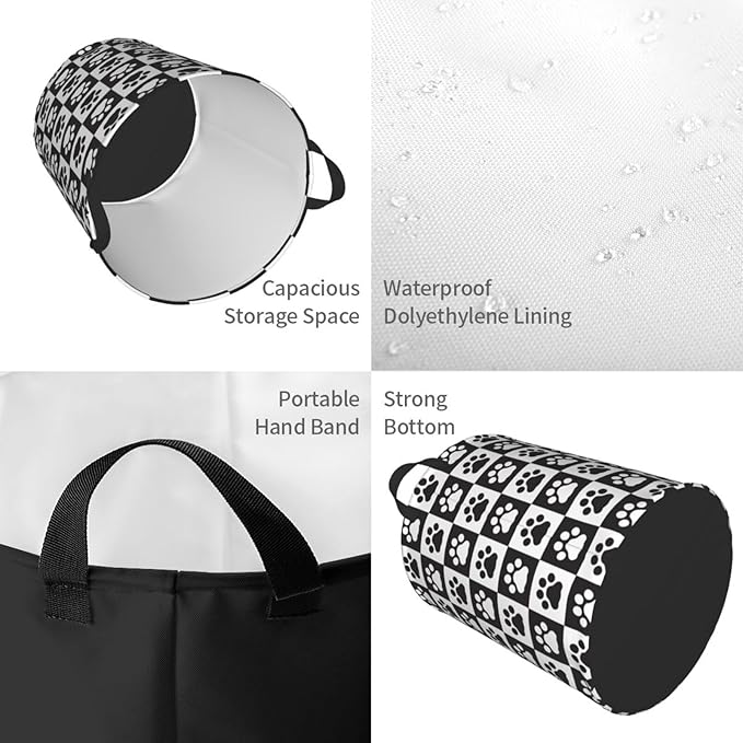 Black And White Dog Paws Laundry Hamper Bag With Waterproof Liner - Checkered Round Laundry Basket Foldable Clothes Storage Organizer For Bathroom Bedroom Nursery Dorm, S-16.5"X 13.8"