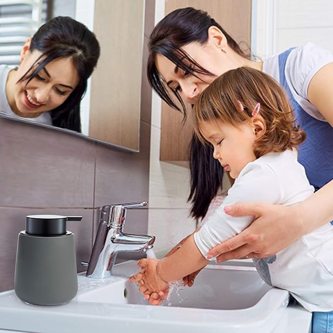 BosilunLife Grey Lotion Dispenser - Modern Ceramic Soap Dispenser Bathroom 12 oz Bottles Lotion Hand Pump Dispenser Black Pump Dish Liquid Dispenser for Kitchen Hand Wash Dispenser