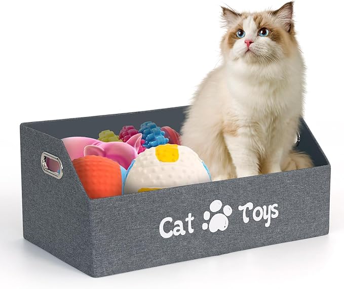 Cat Toy Basket, Kitten Toys Storage Organizer Foldable Fabric Bin Pet Supplies Chest Holder Trapezoid Container with Metal Handles for Organizing Cats Clothes Accessories, Deep Gray