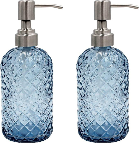 16 Oz Soap Dispenser with 304 Rustproof Stainless Steel Pump, Kitchen, Bathroom Soap Dispenser， Refillable Liquid Glass Soap Dispenser for Hand Soap, Soap, Lotion. (Blue-2pack)