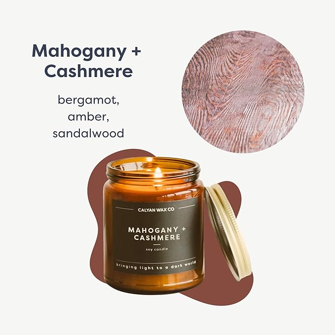 Calyan Wax Co. Soy Wax Candle, Mahagony + Cashmere Scented Candle, 57 Hour Burn Time, Aromatherapy Soy Candles, Non Toxic & Vegan Amber Glass Jar Scented Candles, 7.2oz