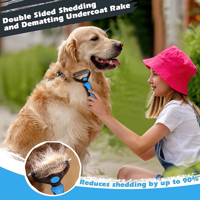 3PCS Self Cleaning Slicker Brush & Pet Grooming Rake & Bath Brush for Dogs and Cats | Double-Sided Dematting Pet Comb & Skin Friendly Deshedding Grooming Tool | Premium Pet Supplies (Blue Black)