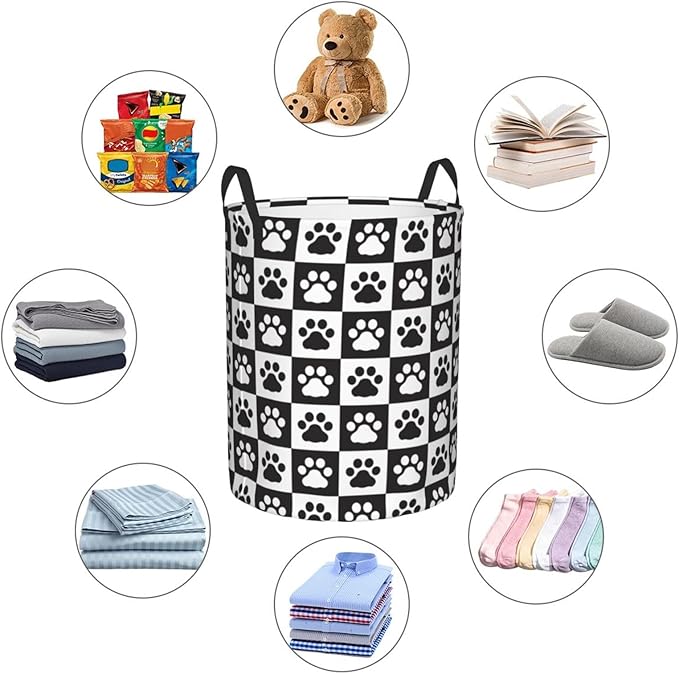 Black And White Dog Paws Laundry Hamper Bag With Waterproof Liner - Checkered Round Laundry Basket Foldable Clothes Storage Organizer For Bathroom Bedroom Nursery Dorm, M-19.6"X 15.7"