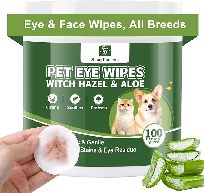 Dog Eye Wipes (100 Count) for Pet Cats -Fragrance-Free, Vet-Tested Formula for Sensitive Skin | Tear Stain Remover & Gentle Bath Alternative | Hypoallergenic & Enriched with Oatmeal