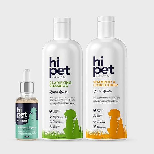 Hi Pet Special Set for Shedding Dogs, Liquid Probiotic, Clarifying Shampoo, Conditioner Shampoo, for Soft & Shiny Coat