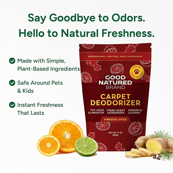 Good Natured Brand | Carpet Deodorizer & Freshener Powder | 31 oz Pet Odor Eliminator for Strong Odor & Pet Urine | Fresh Natural Fireside Spice Scent | Safe for Homes with Pets