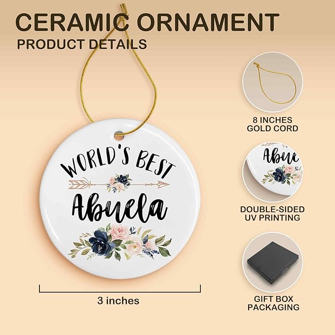 World's Best Abuela Ceramic Ornaments Gifts, Spanish Grandma Round Hanging Ornament Decor Decorations for Christmas Tree Car, Thank You Appreciation Gifts for Grandmother Birthday Holiday