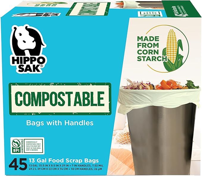 Hippo Sak - 13 Gallon Tall Kitchen Compostable Bags with Ergonomic Handles - Reinforced Bottom and Leak Proof Bags (45 Count)