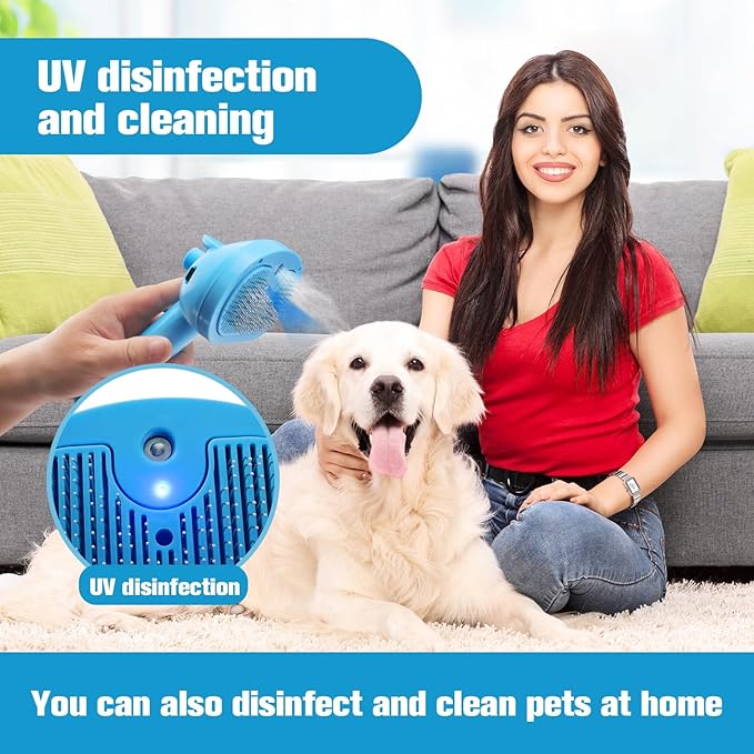 4-in-1 Pet Steam Brush for Dogs,Self-Cleaning Cat&Dog Brush for Shedding Long & Short Haired Dogs,Gentle Cat Steam Brushes for Indoor Cats with Spary Pet Hair Remover for Massage,Grooming Blue