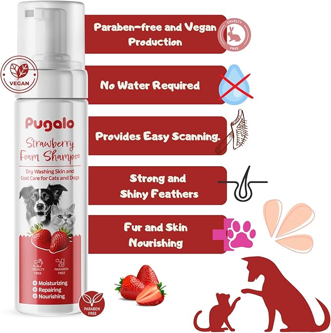 Waterless Cat & Dog Shampoo – 200ml (6.76oz) Strawberry Scented Dry Foam Cleanser & Conditioner – No-Rinse Deshedding Shampoo for Smelly Pets