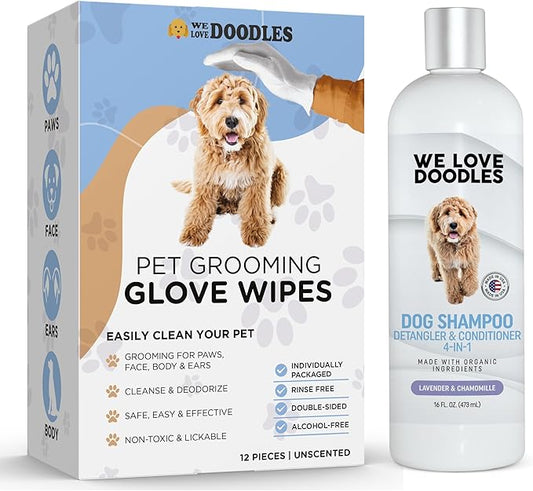 We Love Doodles Dog Gloves Wipes & Dog Shampoo Bundle - Pet Bathing Wipes for Dogs, Paws, Face, Body, Ears, Shampoo for Dogs Matted Pet Hair, Sensitive Skin Shampoo for Puppies