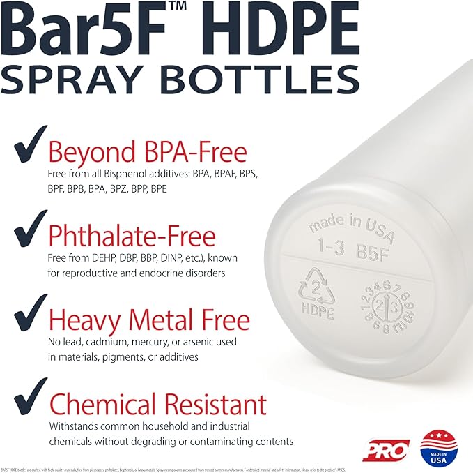 Bar5F 16-Ounce Spray Bottles | HDPE, BPA-Free, Phthalates-Free | All-Purpose, Chemical Resistant | Made in USA, 4- Pack