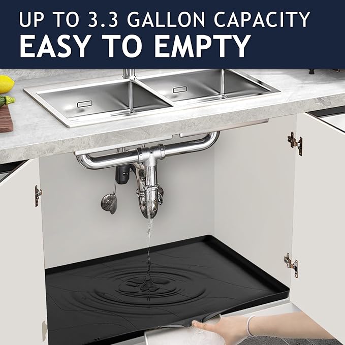 Heavy Duty Silicone Under Sink Mats for Kitchen Waterproof 40" x 22", Extra Thick Under Sink Rubber Mat Drip Tray, Raised Edge Under Sink Liner,Prevent Drips, Leaks, Spills,Black