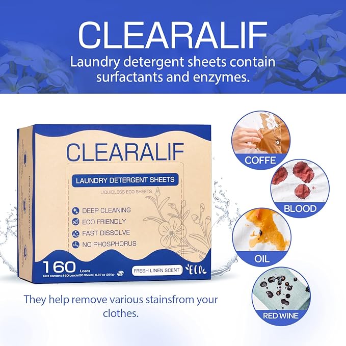 Laundry Detergent Sheets Up to 320 Loads, Fresh Linen - Great For Travel,Apartments, Dorms,CLEARALIF Laundry Detergent Strips Eco Friendly & Hypoallergenic (80 Sheets, Pack of 2)