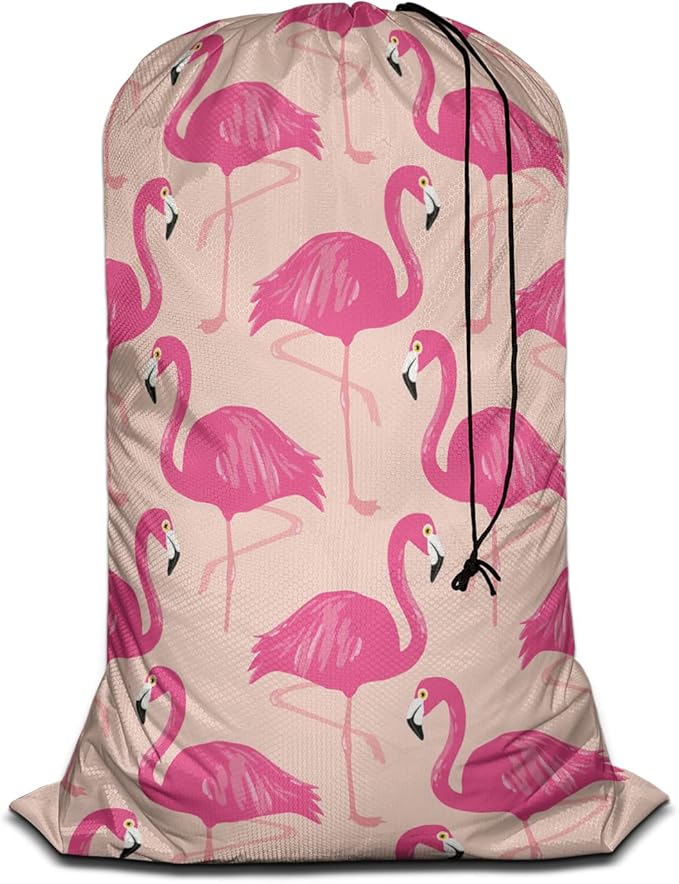 Swono Pink Flamingos Extra Large Laundry Bag with Drawstring Heavy Duty Travel Dirty Clothes Bag for Laundromat Household, Tropical Bird Feather Beak Rip-Stop Laundry Hamper Bag, 28x40 Inch, Wildlife