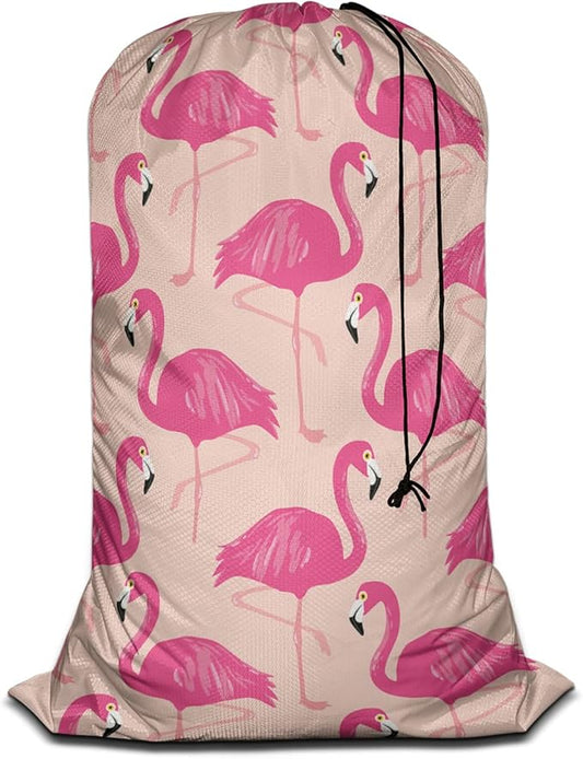 Swono Pink Flamingos Extra Large Laundry Bag with Drawstring Heavy Duty Travel Dirty Clothes Bag for Laundromat Household, Tropical Bird Feather Beak Rip-Stop Laundry Hamper Bag, 28x40 Inch, Wildlife