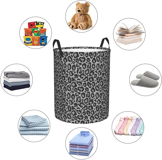 Leopard Cheetah Print Laundry Hamper Bag With Waterproof Liner - Round Laundry Basket Foldable Clothes Storage Organizer For Bathroom Bedroom Nursery Dorm, S-16.5"X 13.8"