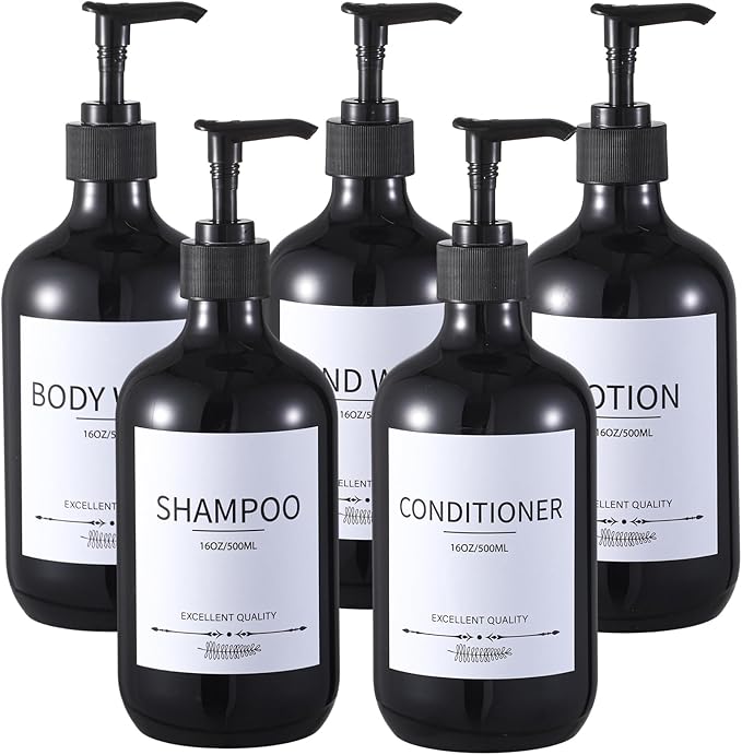 Stylish Shampoo Dispenser Bottles,(5Pack)16.9oz Black Shampoo Bottles Refillable with Pump,Shampoo and Conditioner Dispenser