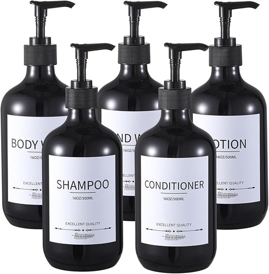 Stylish Shampoo Dispenser Bottles,(5Pack)16.9oz Black Shampoo Bottles Refillable with Pump,Shampoo and Conditioner Dispenser