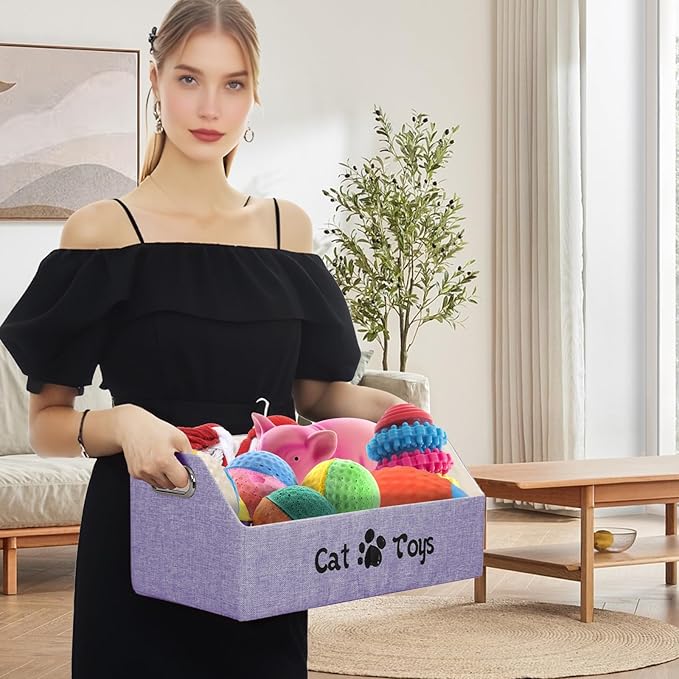 Cat Toy Basket, Kitten Toys Storage Organizer Foldable Fabric Bin Pet Supplies Chest Holder Trapezoid Container with Metal Handles for Organizing Cats Clothes Accessories, Purple
