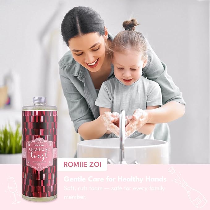 ROMIIE ZOI Foaming Hand Soap Refill Gift Set – Champagne Scent – 3 Pack (1000ML Each) with Dispenser – Gentle & Moisturizing Cruetly Free Formula – Bulk Refill Bottles for Bathroom & Kitchen Use