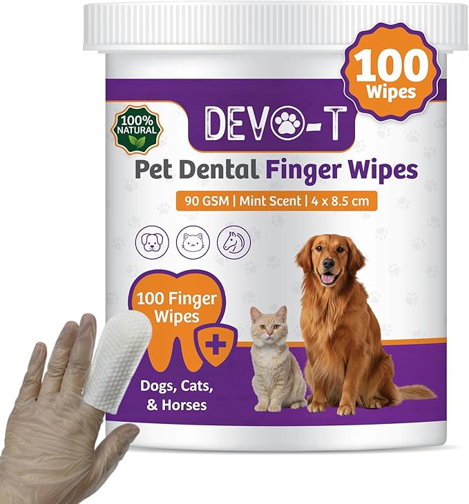 DEVO-T 100% Natural Dog Teeth Cleaning Wipes Mint Scented | 100 Count | Pet Teeth Cleaning Finger Wipes for Dogs, Cats & Horses | Remove Bad Breath, Plaque & Tartar Buildup | Dog Dental Wipes Finger