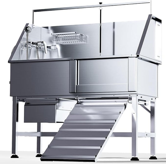 46" Dog Washing Station, Professional Stainless Steel Dog Bathtub w/Ramp & Storage Drawer, Adjustable Grate, Non-Slip Design, Home Grooming & Large Dogs (Right Ramp)