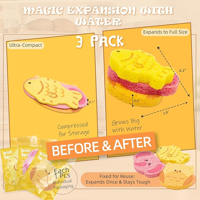 3 Pcs Cute Compressed Wood Pulp Cotton Sponges Bulk Animal-Shaped Reusable and Highly Absorbent for Dishwashing, Kitchen Surfaces, and Bathroom Cleaning, Zoo-EOF