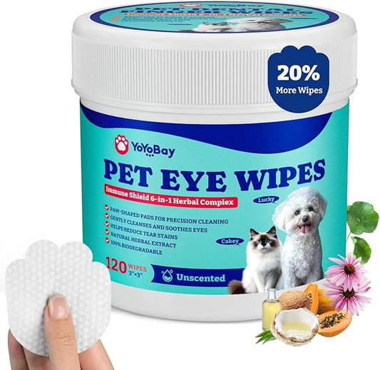 Dog Eye Wipes for Tear Stain Remover – 120 Pet Eye Wipes with Herbal Complex, Dual-Texture Pads for Dogs & Cats, Clean Discharge & Crust, Soothe Eyes, Biodegradable, Vet-Approved