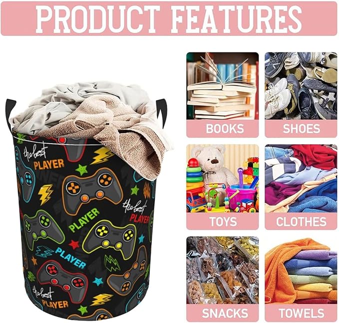 Gaming Joysticks Laundry Hamper Bag With Waterproof Liner - Video Game Controller Round Laundry Basket Foldable Clothes Storage Organizer For Bathroom Bedroom Nursery Dorm, S-16.5"X 13.8"