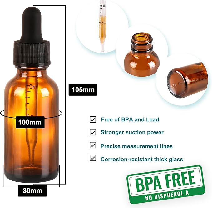 48 Pack,1oz Glass Dropper Bottle, Amber Tincture Bottles with Dropper,Pretty Finish for All Kinds of Liquids,Oil Bottles for Hair- Stronger Suction ideal for Leakproof Travel