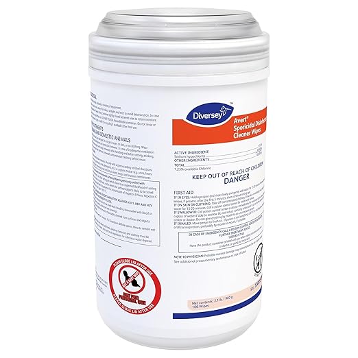 Diversey 100895790 Avert Sporicidal Disinfectant Cleaner, Hospital Grade Kills C. Difficile Spores, Standard Size Wipes, 160-Wipes, 1-Canister (Pack of 12)