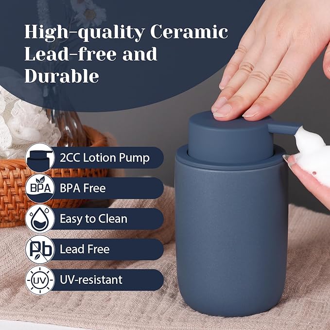 INGOFIN Ceramic Foaming Soap Dispenser Set, 2 Pack (12 oz) Bathroom Foam Hand Soap Dispenser with Pump, Hand and Dish Dispenser Set with 8 Pcs Clear Stickers,for Kitchen- Matte Blue