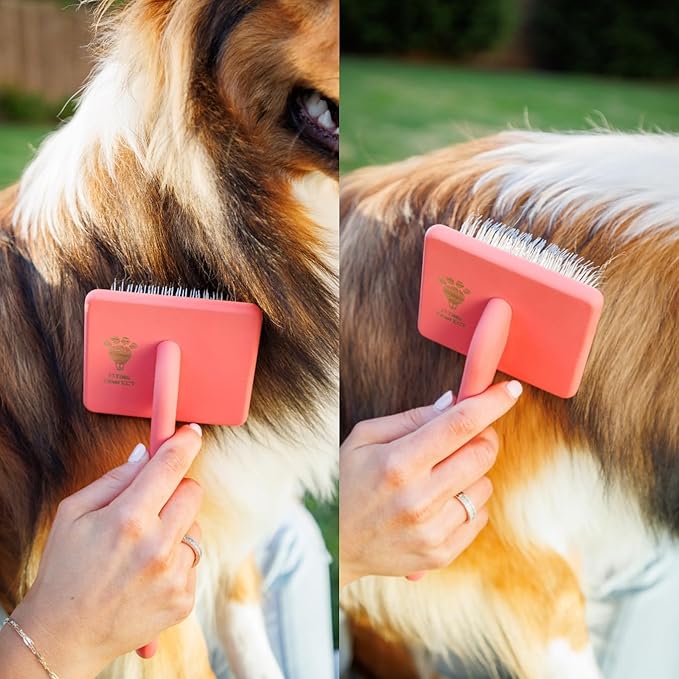 Pet Slicker Brush With Soft Massage Grooming Stainless Steel Pins - For Dematting, Shedding Fur, and Undercoat - Ideal Gift for Professional Pet Groomers - Long Slicker Brush