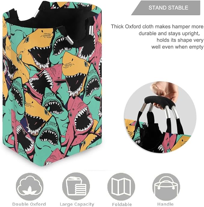 visesunny Colorful Shark Cartoon Large Laundry Hamper with Handle Foldable Durable Clothes Hamper Laundry Bag Toy Bin for Bathroom, Bedroom, Dorm, Travel