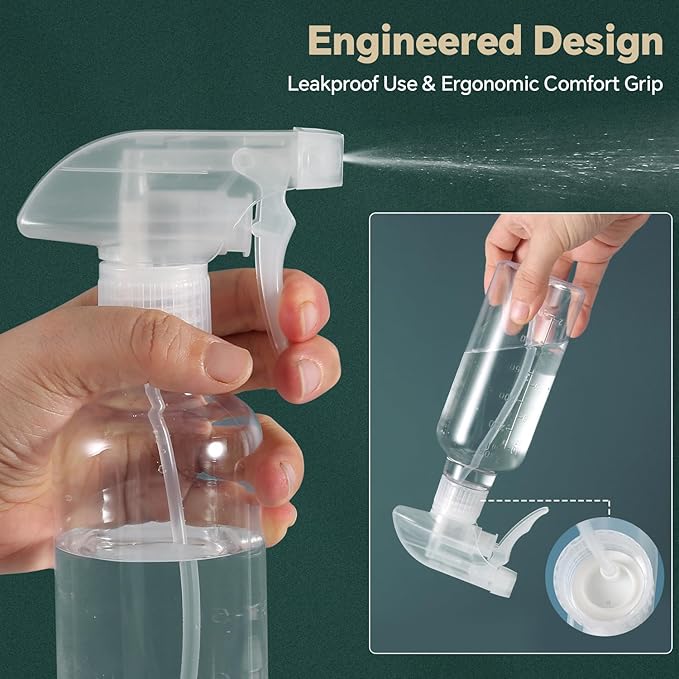 Plastic Spray Bottles (2 Pack 10 oz), Leakproof Adjustable Fine Mist & Jet Stream Nozzle, Premium BPA-Free Plastic Multi-Purpose for Hair, Plants, Cleaning (2 PACK CLEAR)