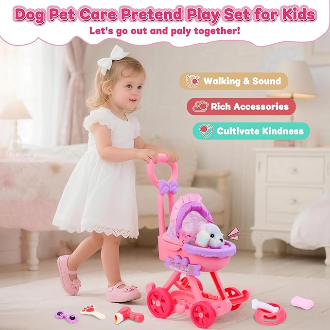 13Pcs Dog Toys for Kids Girls, Pretend Puppy Stroller Playset for Toddler, Electronic Interactive Walking Barking Dog Toy, Pet Care & Feeding Accessories Birthday Gifts for Little Girl 3 4 5 6