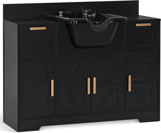 BarberPub Portable Shampoo Station, Shampoo Bowl with Cabinet & Drawer, Salon Geometric Finish Station with Sprayer Faucet, Barber Storage Equipment with Hair Wash Backwash Sink 3439 (Black)