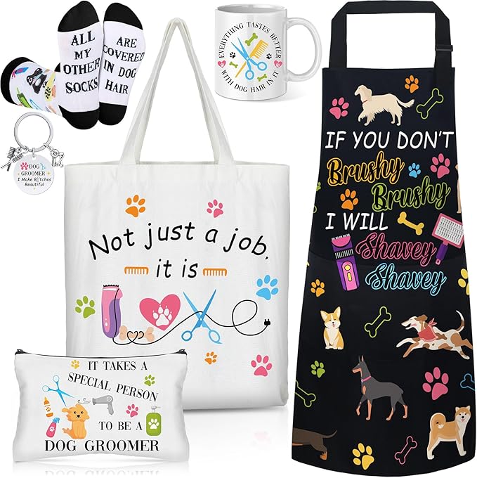 6 Pcs Christmas Dog Groomer Gift Set Include Waterproof Oil Proof Apron Mug Keychain Canvas Tote Bag Cosmetic Bag Socks for Dog Trainer Groomer Birthday Gifts
