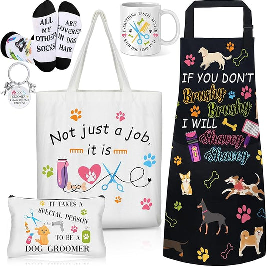 6 Pcs Christmas Dog Groomer Gift Set Include Waterproof Oil Proof Apron Mug Keychain Canvas Tote Bag Cosmetic Bag Socks for Dog Trainer Groomer Birthday Gifts