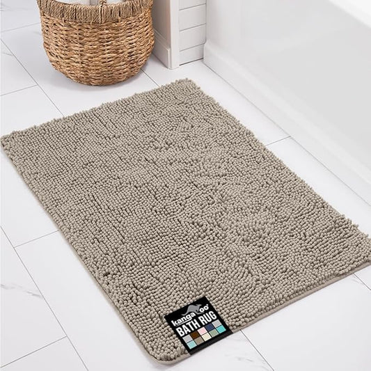 KANGAROO Bathroom Rugs, Chenille Soft Absorbent Bath Rug, Shaggy Shower Mat, Quick Dry Machine Wash Bathmat, Plush Carpet Mats for Tub, Bathtub and Room Home Decor Accessories, 30x20, Beige