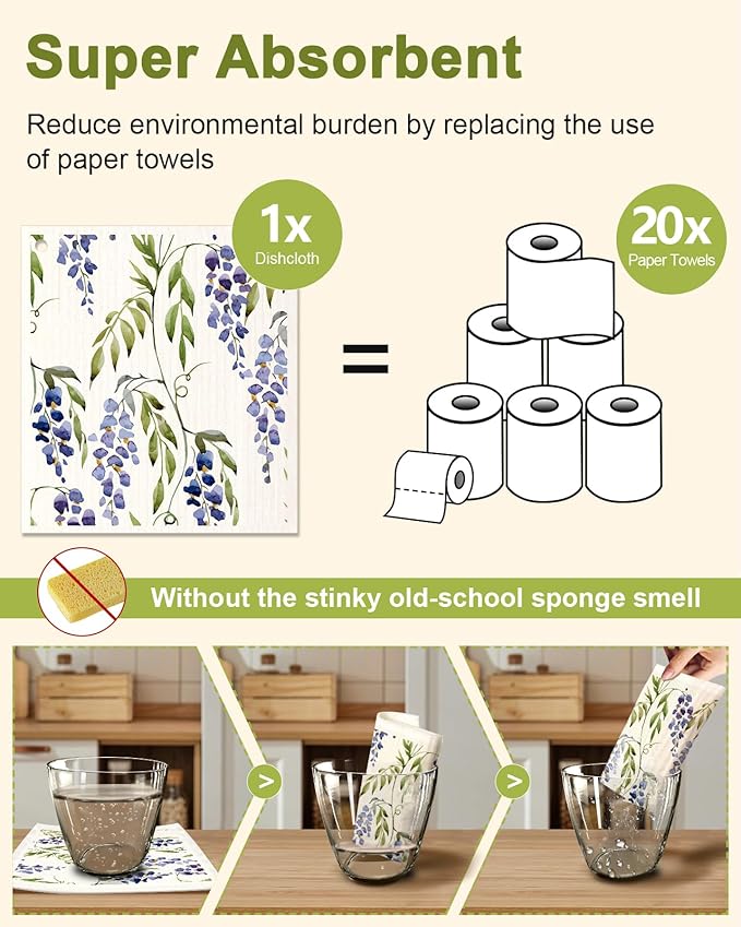 6 Pack Swedish Dishcloths for Kitchen - Reusable Dish Cloths for Washing Dishes Absorbent Cute Funny Kitchen Towels Cleaning Sponge, Lavender Flower