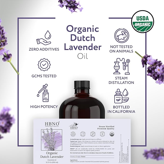HBNO Organic Lavender Dutch Oil - 32 oz (950 ml) Large Size - Ideal for Shampoos, Conditioners, Mouth Washes, Face wash, Lotions, and Skin Care Products (Glass Bottle).