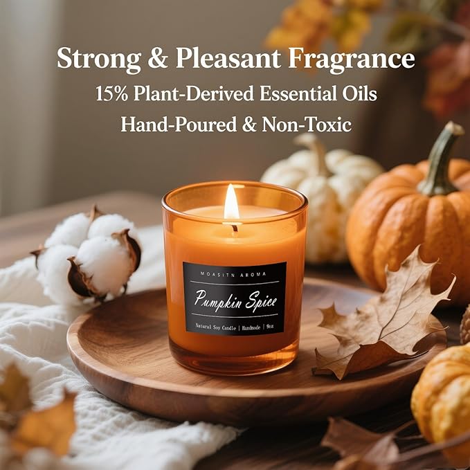 MOASITN Pumpkin Spice Strong Scented Large Luxurious Candles for Home| Organic Soy Fall Candles| Handmade Long Lasting Aromatherapy Jar Candel for Women,Men| as Autumn,Halloween,Relaxing Gifts| 9oz