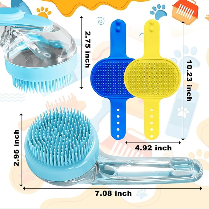 3Pcs Dog Bath Brush, Dog Scrubber for Bath, Dog Shampoo Brush Bubble Maker, Dog Paw Washer, dog grooming Massage Brush with Adjustable Ring Handle, dog accessories for Short & Long Hair -Blue